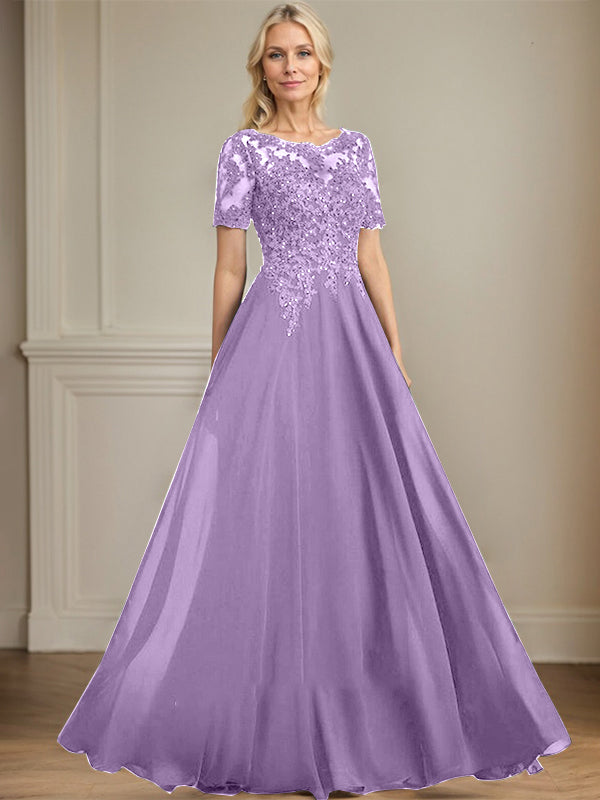 A-Linien Rundhals Illusions-Bodenlanges Chiffon-Spitzenkleid für die Mutter der Braut mit Pailletten und Perlen