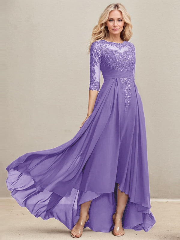 A-Linien Ausschnitt Illusions Asymmetrisches Spitzen-Chiffon Kleid für die Mutter der Braut mit plissierten Pailletten