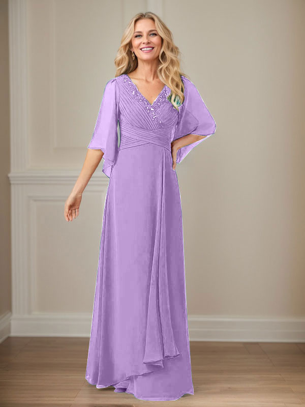 A-Linien V-Ausschnitt langes Pailletten-Chiffon Mutterkleid