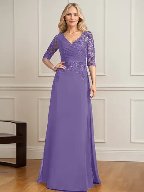 A-Linien V-Ausschnitt bodenlanges Spitzen-Chiffon Kleid der Brautmutter mit plissierten Pailletten