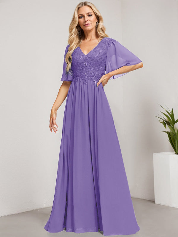 Robe mère de la mariée ligne A col en V longue en dentelle et chiffon avec sequins