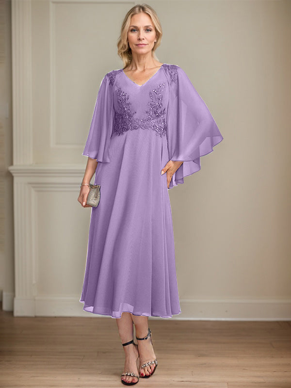 A-Linien-Brautmutterkleid aus Chiffon, V-Ausschnitt, tea-length mit Spitze, Pailletten und Perlen
