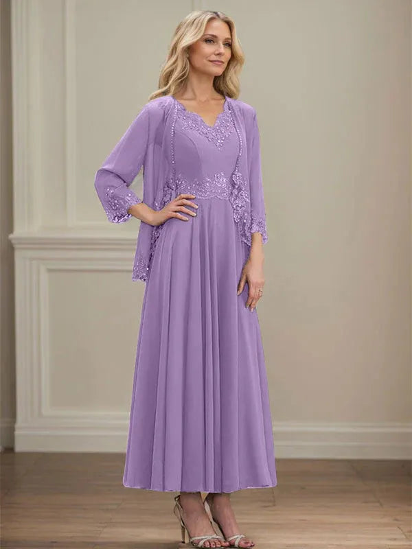A-Linien Kleid mit V-Ausschnitt, knöchellang, aus Chiffon, Mutter der Braut Kleid mit Pailletten, Applikationen, Spitze und Perlenbesatz