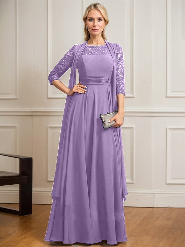 A-Linien Kleid mit Rundhalsausschnitt, Illusion, bodenlang aus Spitze und Chiffon, Mutter-der-Braut-Kleid mit Faltenwurf