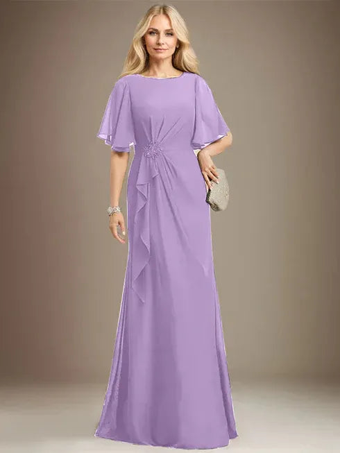 A-Linien Rundhals bodenlanges Chiffon Mutter der Braut Kleid mit kaskadierenden Rüschen Perlen Pailletten