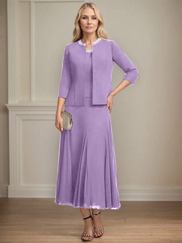 Separates A-Linien Chiffonkleid mit Rundhalsausschnitt, tea-length, Mutter der Braut mit Pailletten und Perlen