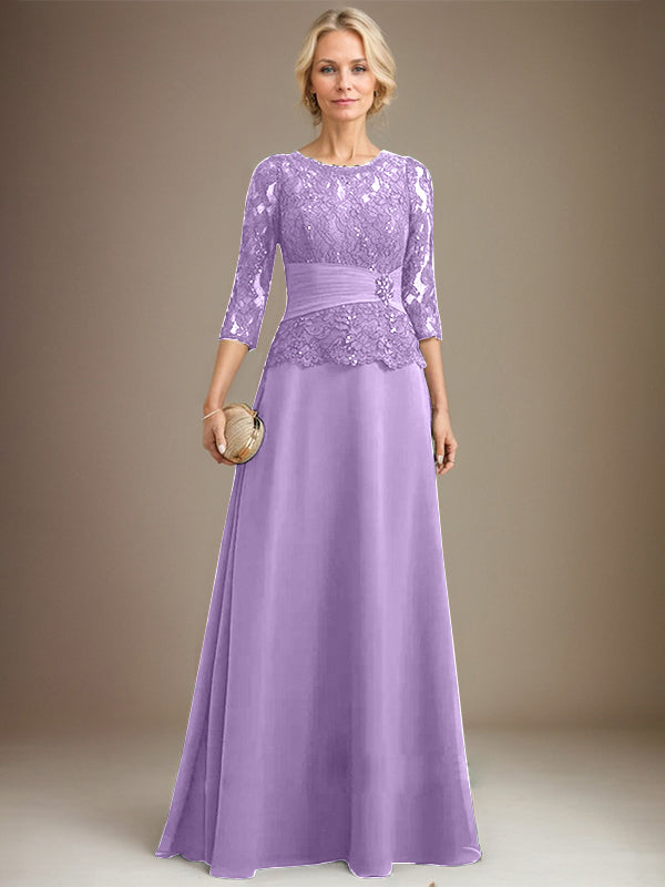 A-Linien Kleid mit Scoop-Ausschnitt, Illusion, bodenlangem Chiffon und Spitze, Mutter-der-Braut-Kleid mit plissierten Pailletten und Perlenbesatz