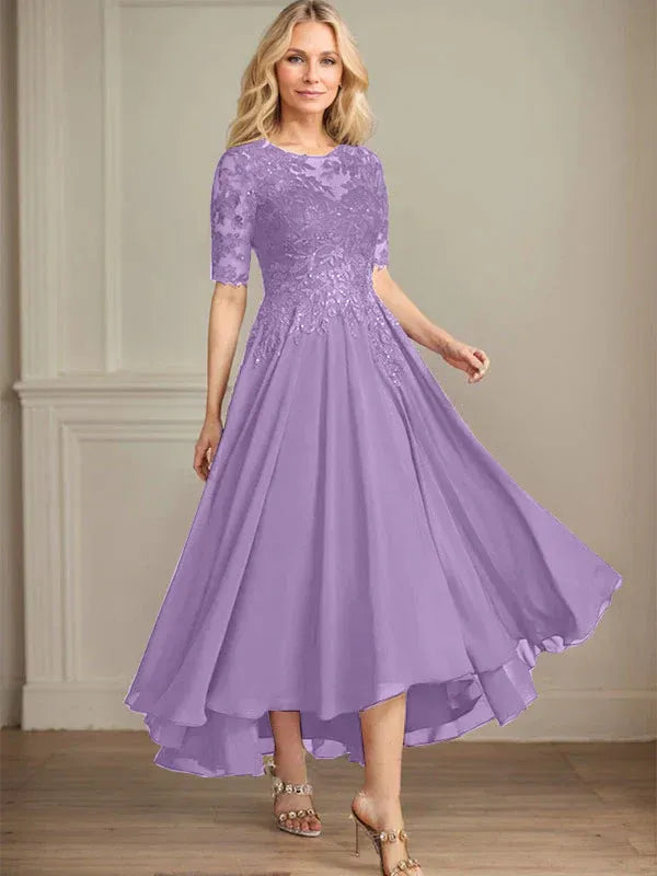 A-Linien Scoop-Ausschnitt Illusion asymmetrisches Chiffon-Spitzen-Mutter-der-Braut-Kleid mit Pailletten