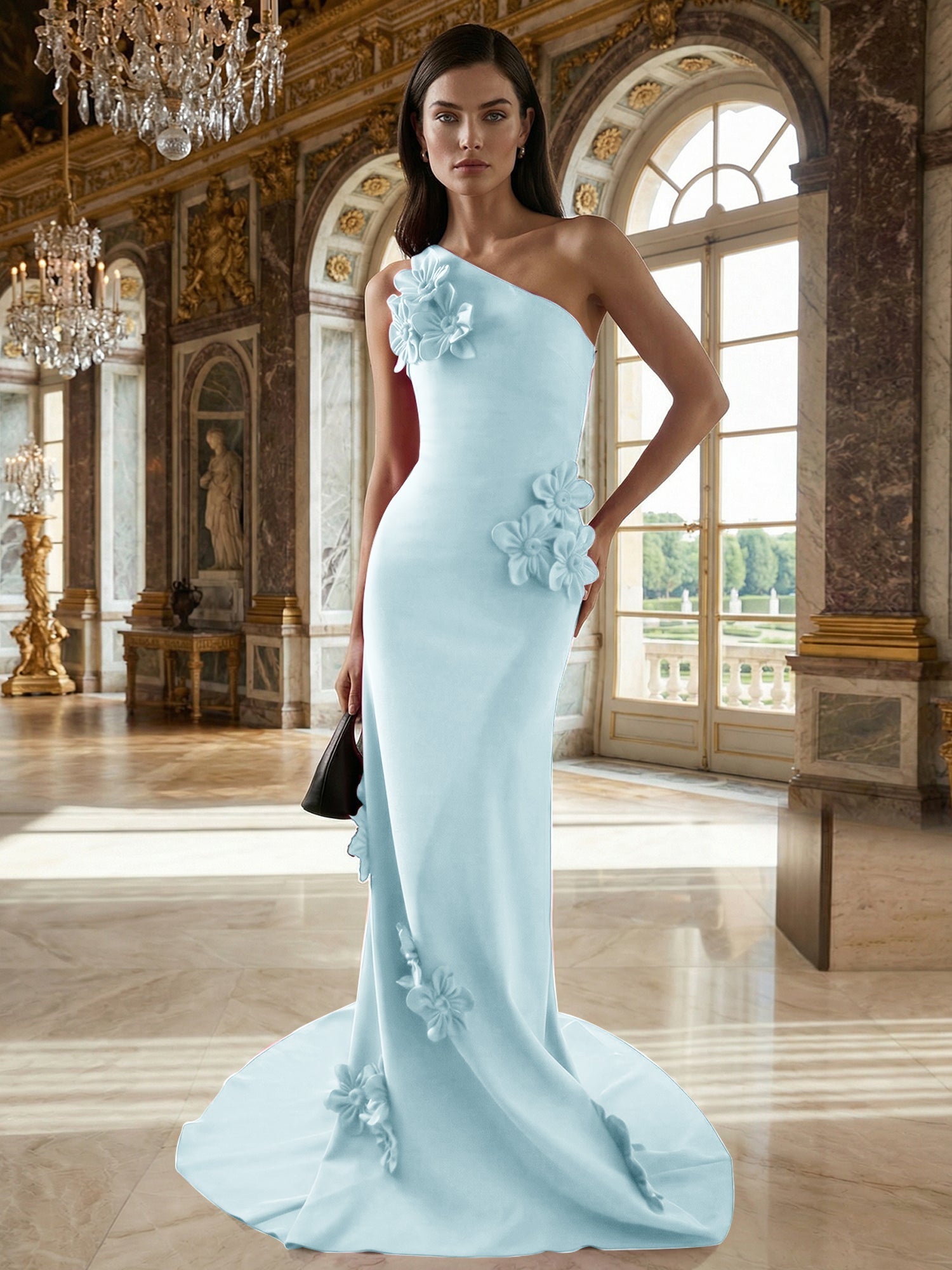 A Line One Shoulder Sleeveless Floor Length Stretch Crepe Dress With 3D Flowers