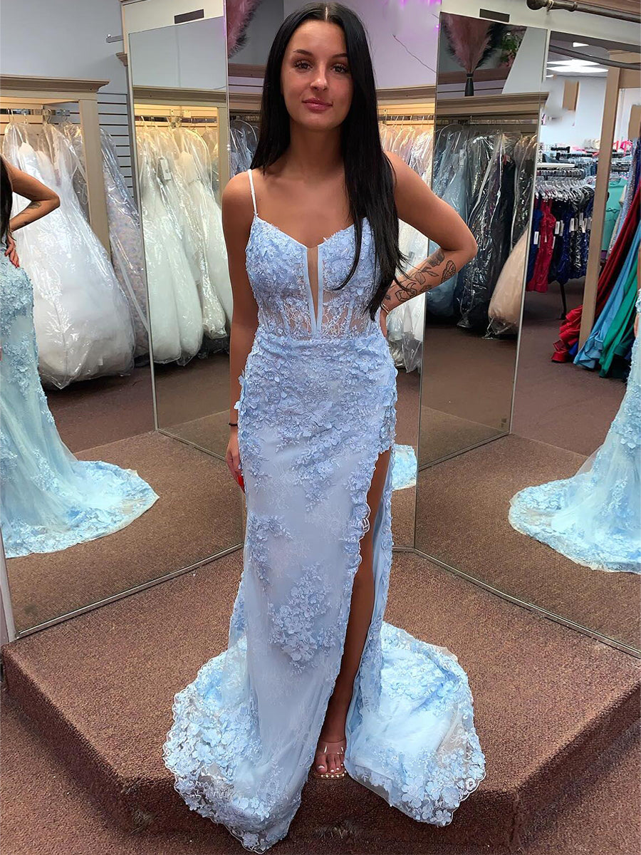 Abito da sera lungo con corsetto in pizzo floreale 3D azzurro chiaro con spacco