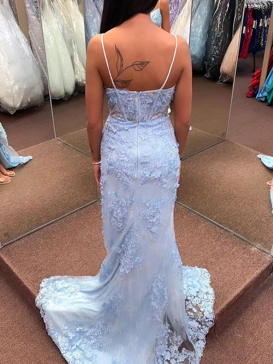 Abito da sera lungo con corsetto in pizzo floreale 3D azzurro chiaro con spacco