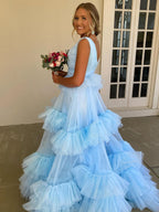 Light Blue A Line Tiered Ruffle Tulle Long Prom Dress