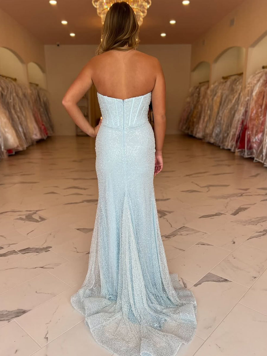 Vestido de Festa Azul Claro com Corpete Tomara que Caia Bordado e Fenda