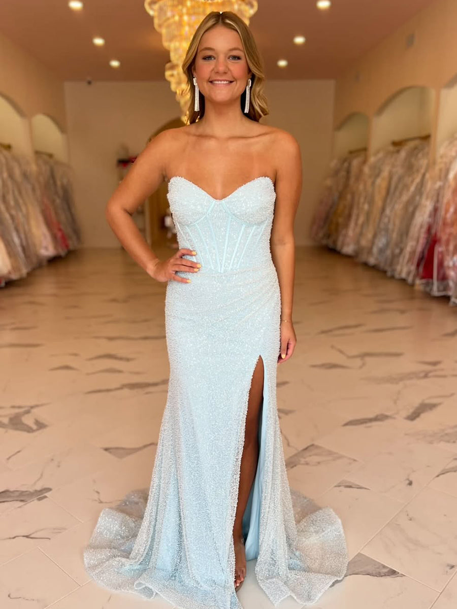 Vestido de Festa Azul Claro com Corpete Tomara que Caia Bordado e Fenda