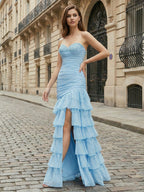 Light Blue Beaded Strapless Drop-Waist Tiered Prom Dress with Slit