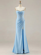 Light Blue Crystal-Trimmed Corset Prom Dress with Slit