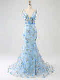 Vestido azul claro de tule para baile, sereia, decote profundo em V, com aplicações florais 3D