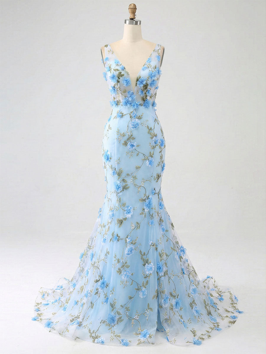 Vestido azul claro de tule para baile, sereia, decote profundo em V, com aplicações florais 3D