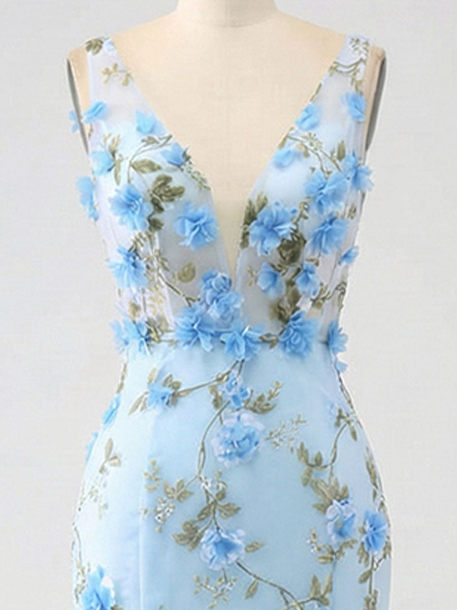 Vestido azul claro de tule para baile, sereia, decote profundo em V, com aplicações florais 3D