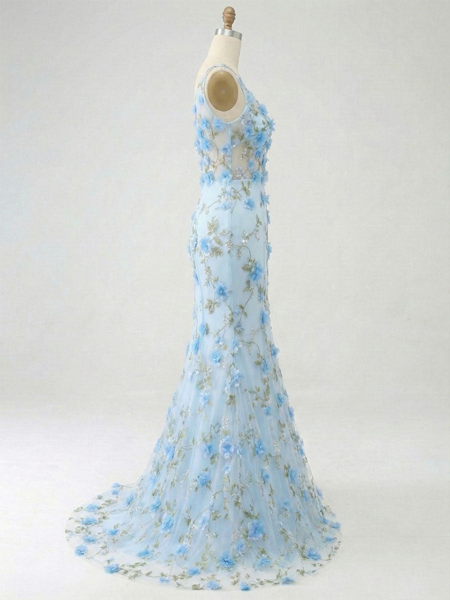 Vestido azul claro de tule para baile, sereia, decote profundo em V, com aplicações florais 3D