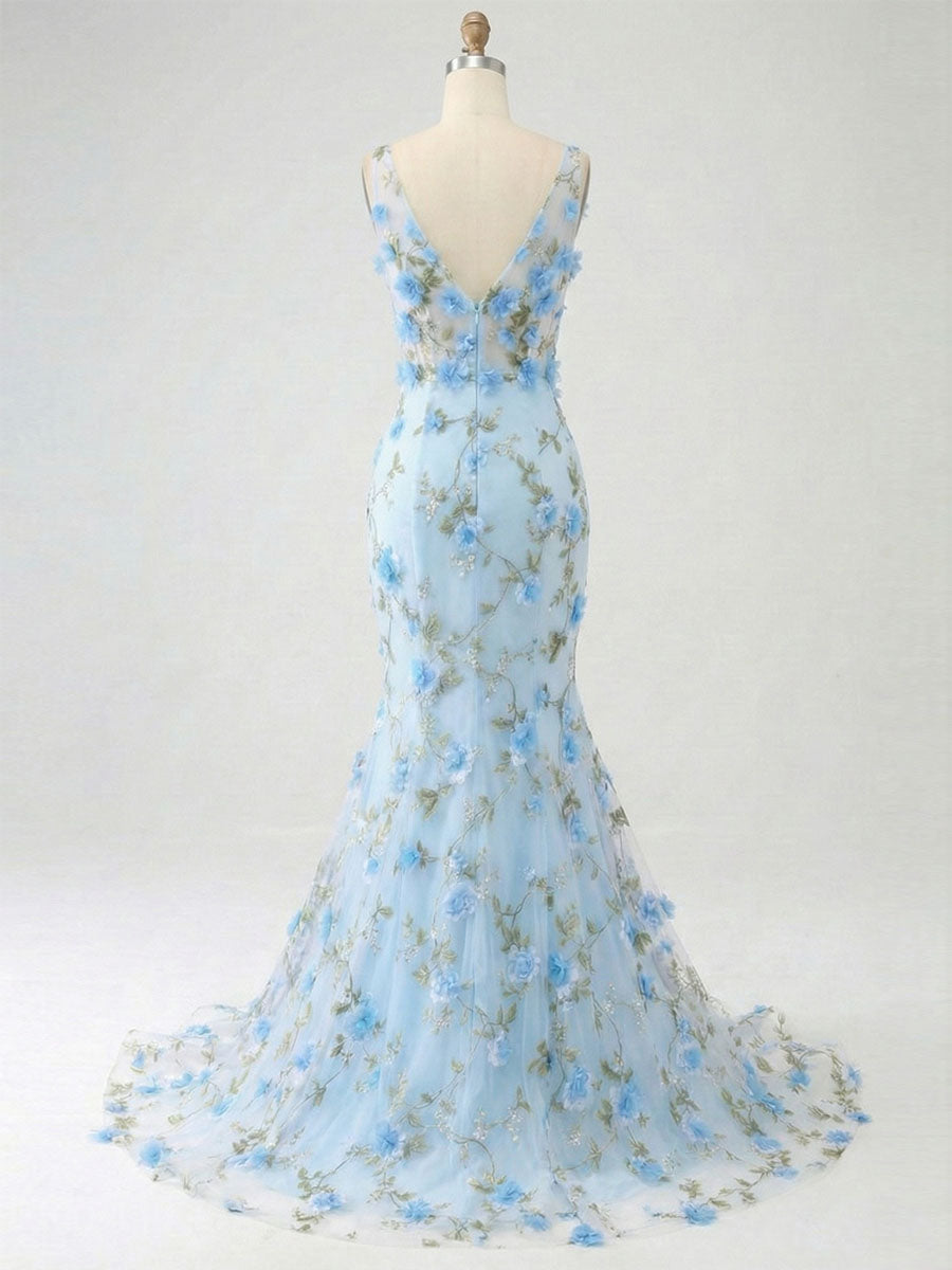 Vestido azul claro de tule para baile, sereia, decote profundo em V, com aplicações florais 3D
