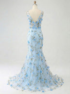 Vestido azul claro de tule para baile, sereia, decote profundo em V, com aplicações florais 3D