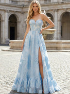 Light Blue Floral Appliqué Corset A-Line Prom Dress with Slit