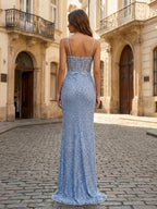 Abito da sera corsetto con perline floreali azzurro chiaro e spacco a rete