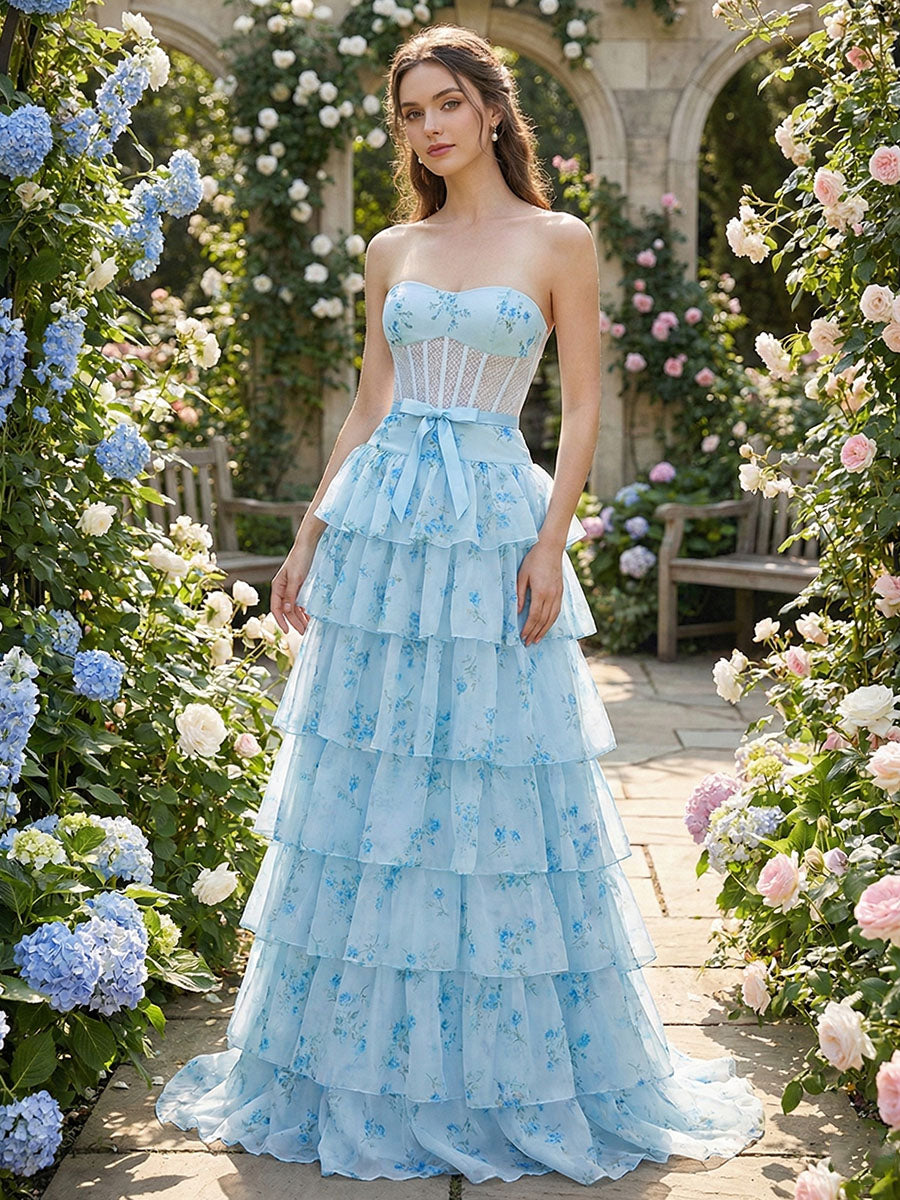 Prom Chart Light Blue Floral Strapless Tiered Corset Prom Dress – DUNALI