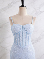 Light Blue Spaghetti Straps Mermaid Long Prom Dress with Beading