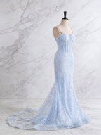 Light Blue Spaghetti Straps Mermaid Long Prom Dress with Beading