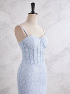 Light Blue Spaghetti Straps Mermaid Long Prom Dress with Beading