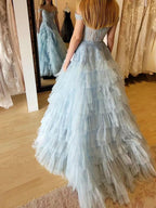 Light Blue Off The Shoulder Tiered Ruffle Corset Long Prom Dress
