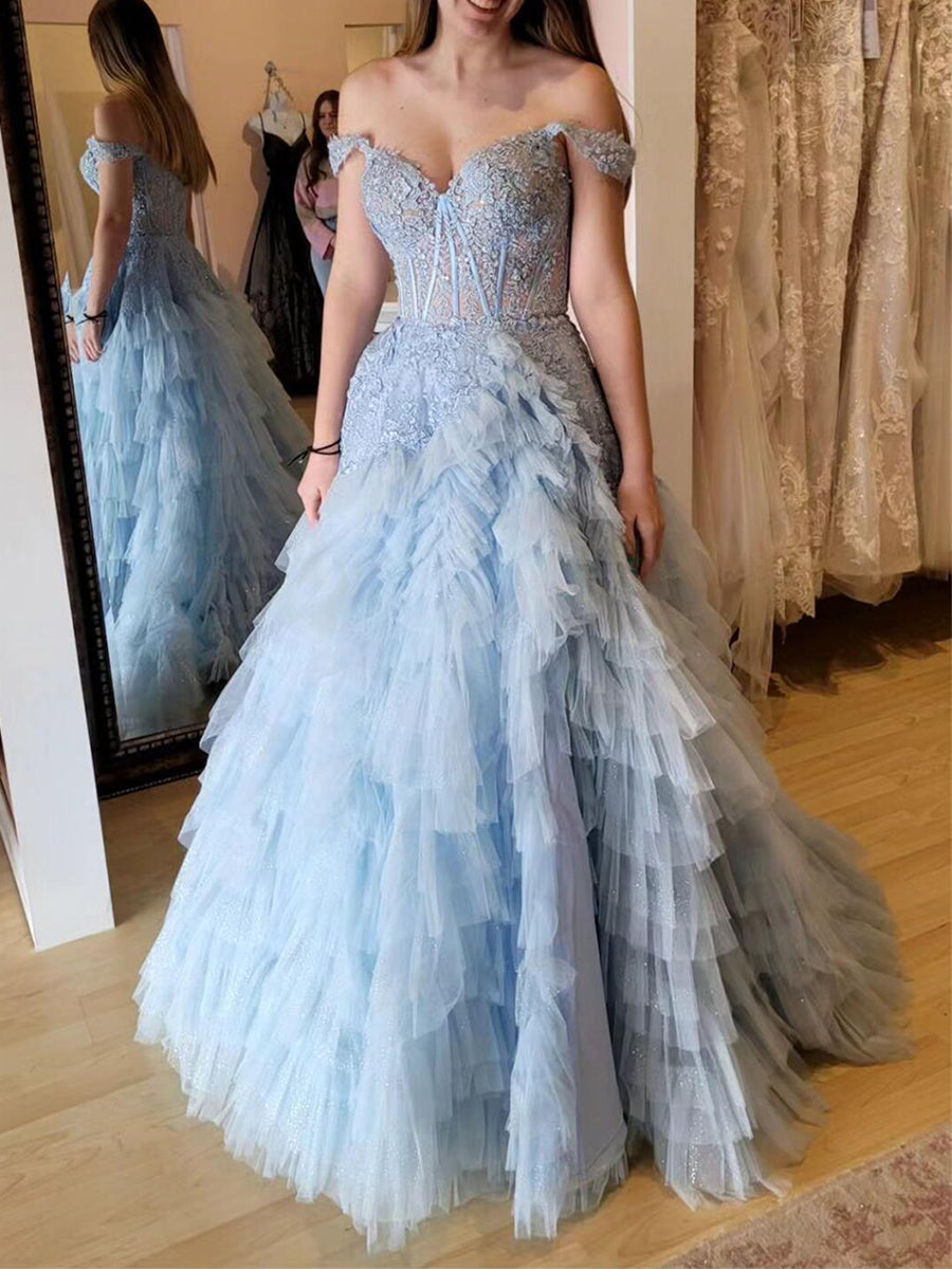 Light Blue Off The Shoulder Tiered Ruffle Corset Long Prom Dress