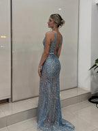 Light Blue Patterned Sequin Deep V-Neck Long Prom Dress
