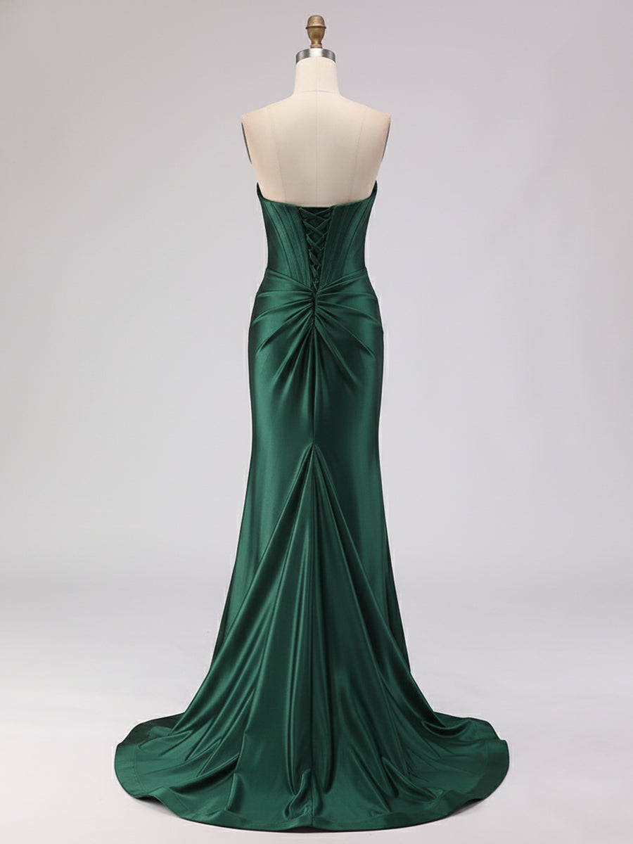 Light Blue Satin Strapless Corset Prom Dress with Slit