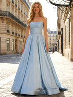 Abito lungo da ballo azzurro chiaro scintillante a linea ad A con corsetto senza spalline