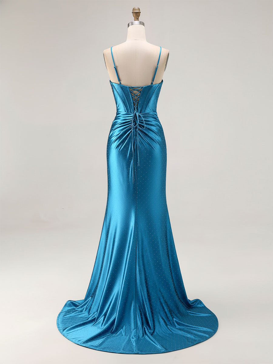 Blau gerafftes Korsett Meerjungfrau Perlenbesetztes langes Abschlussballkleid mit Schlitz
