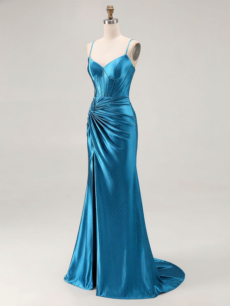 Blau gerafftes Korsett Meerjungfrau Perlenbesetztes langes Abschlussballkleid mit Schlitz