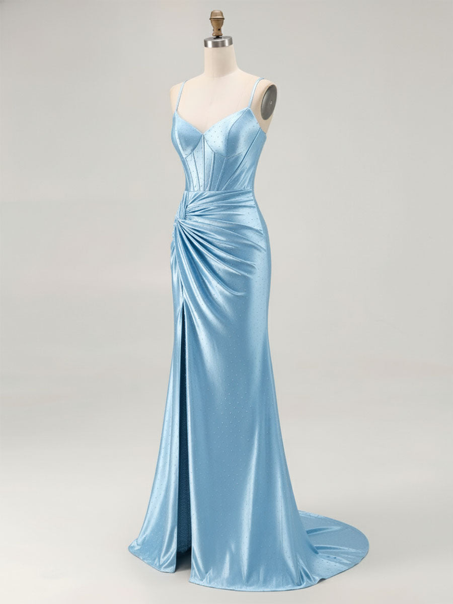 Blau gerafftes Korsett Meerjungfrau Perlenbesetztes langes Abschlussballkleid mit Schlitz