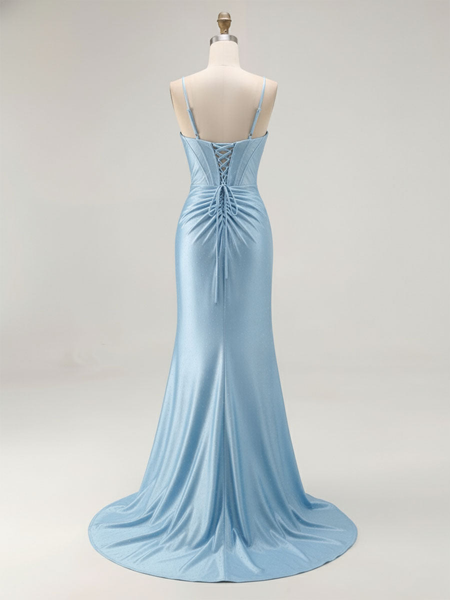 Blau gerafftes Korsett Meerjungfrau Perlenbesetztes langes Abschlussballkleid mit Schlitz