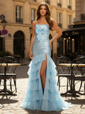 Vestido azul claro sereia longo para baile, sem alças, com babados e laço