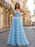 Light Blue Sweetheart A Line Tiered Tulle Corset Prom Dress