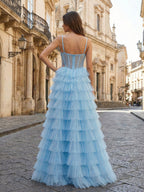 Light Blue Sweetheart A Line Tiered Tulle Corset Prom Dress