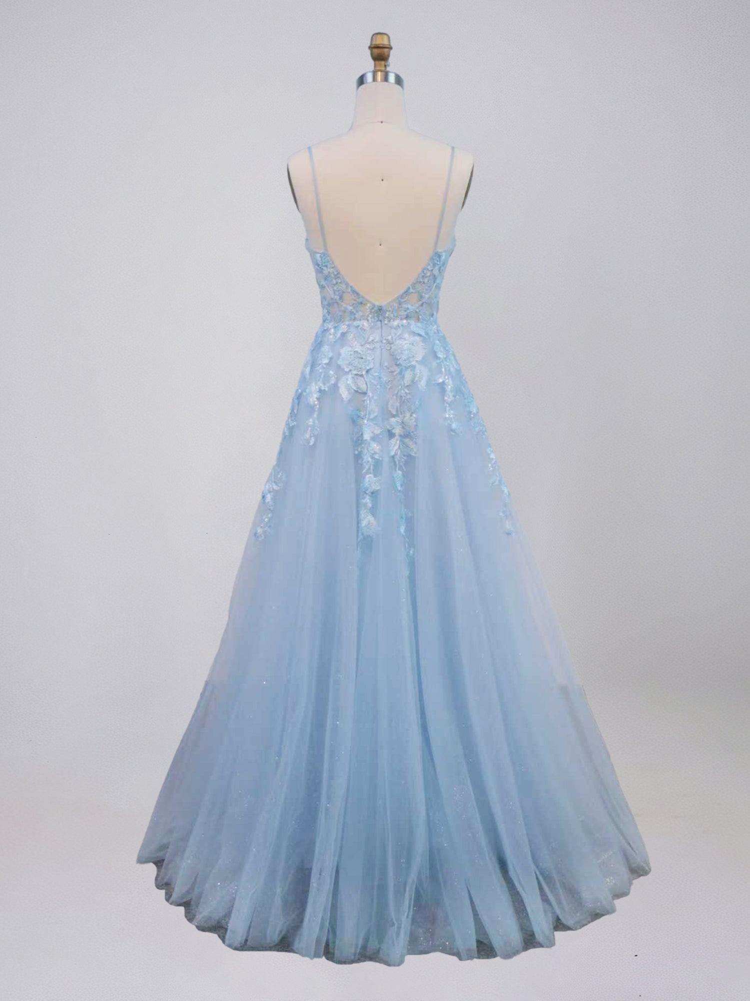 Light Blue V-Neck Tulle A-Line Prom Dress with 3D Floral Appliqués