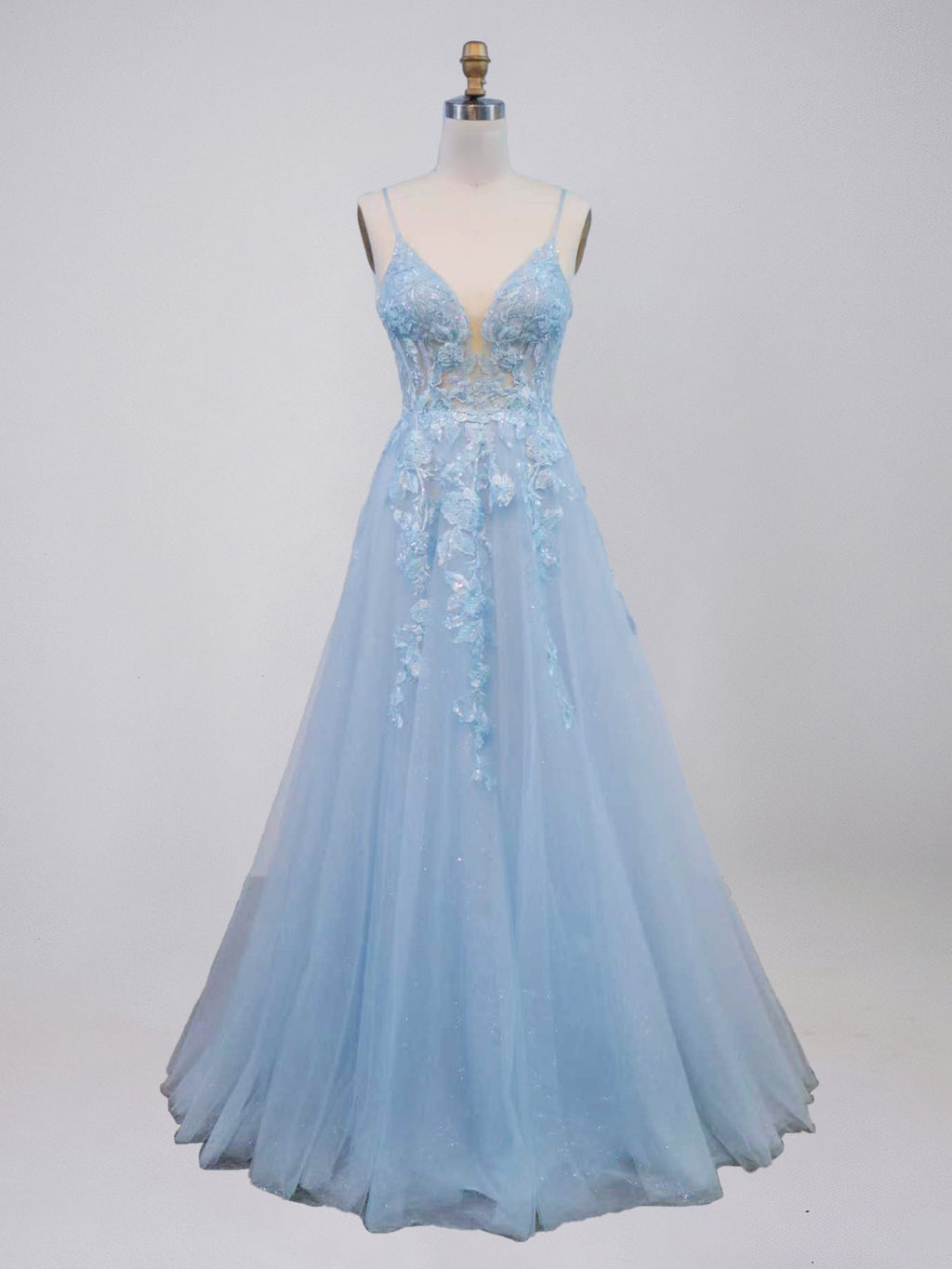 Light Blue V-Neck Tulle A-Line Prom Dress with 3D Floral Appliqus DUNALI Light Blue V-Neck Tulle A-Line Prom Dress with 3D Floral Appliqus DUNALI