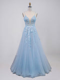 Light Blue V-Neck Tulle A-Line Prom Dress with 3D Floral Appliqués