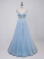 Light Blue V-Neck Tulle A-Line Prom Dress with 3D Floral Appliqués
