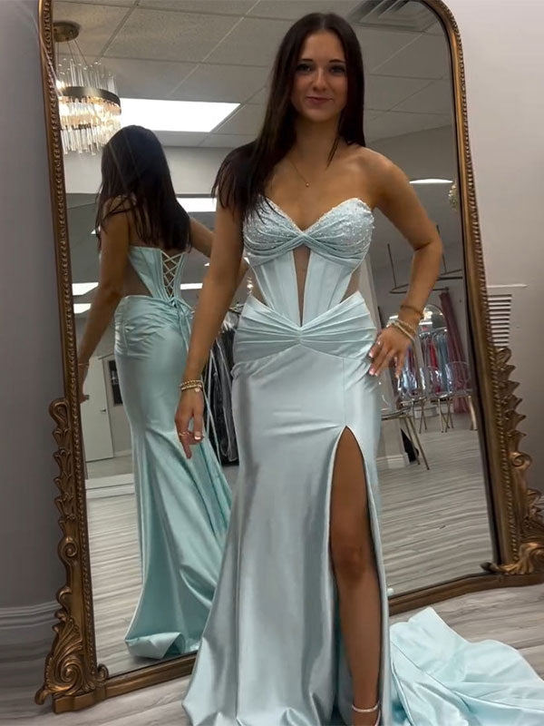 Vestido largo de graduación aqua sirena, sin tirantes, escote corazón y abertura