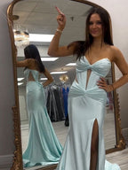 Vestido largo de graduación aqua sirena, sin tirantes, escote corazón y abertura